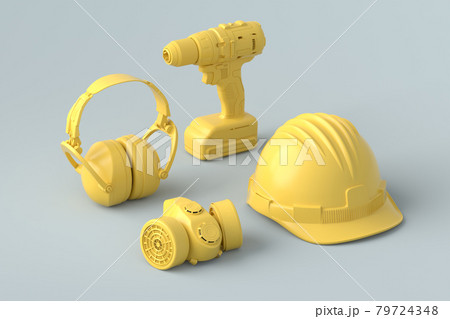 Isometric view of monochrome construction tools for repair on grey and yellow Isometric view of monochrome construction tools for repair on grey and yellow 79724348