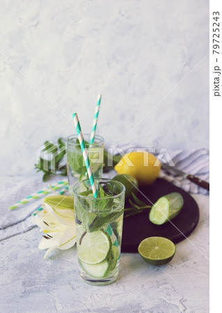 Refreshing drink made from organic fruits, cucumbers, lime and mint leaves, on the kitchen table, summer, healthy food, lemonade, water for weight loss, detox 79725243
