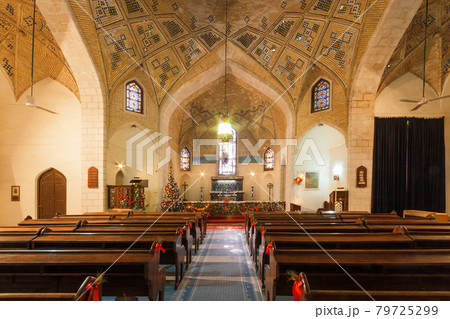 The interior and Christmas decoration of Anglican Church of St Simon the Zealot in Shiraz, Iran. The church of St Simon is one of the 2 Christian churches in Shiraz. 79725299