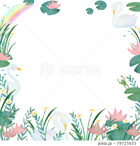 虹のある池と植物と鳥の北欧風かわいい夏の白バックフレームイラスト素材のイラスト素材