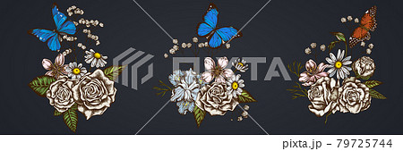 Flower bouquet of colored iris japonica, gypsophila, chamomile, almond, menelaus blue morpho, blue 79725744