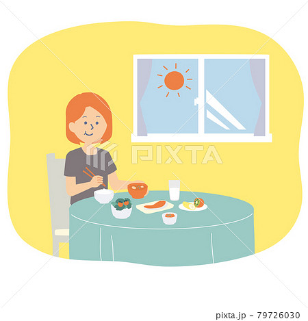 ご飯をたくさん食べる女性のイラスト ご飯をたくさん食べる女性のイラスト 79726030