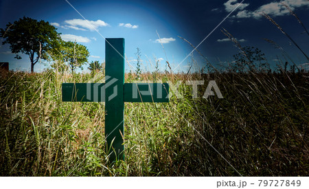 Green cross at the edge of a field, sign of protest by German farmers against the agricultural policy of the European Union Green cross at the edge of a field, sign of protest by German farmers against the agricultural policy of the European Union 79727849