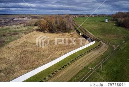 Aerial view of the preserved border fortifications on the German-German border between the FRG and the GDR 79728044