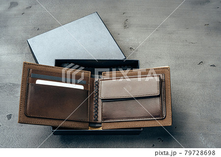 New brown leather wallet on dark background 79728698