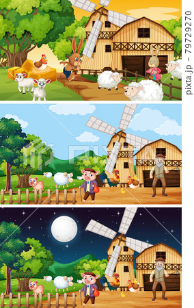 Different farm scenes with old farmer and animal cartoon character 79729270