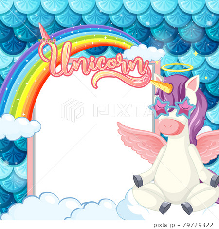 Empty banner with cute pegasus cartoon character on pastel mermaid scales 79729322