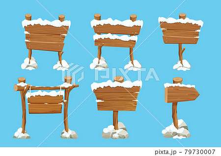 Set old wooden blank, signboard with snow in cartoon style.Empty frames, direction plank isolated on blue background. Season decoration 79730007