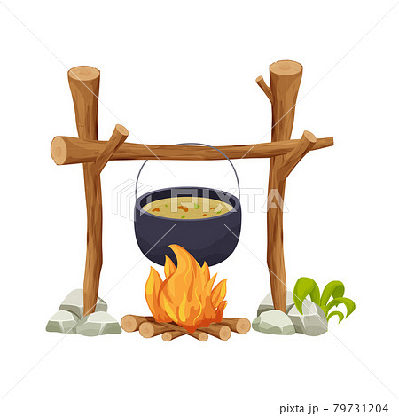 Black camping pot over a campfire in cartoon style isolated on white background. Wooden sticks, fire with logs, decorated with grass. Picnic cooking, travel preparation. Black camping pot over a campfire in cartoon style isolated on white background. Wooden sticks, fire with logs, decorated with grass. Picnic cooking, travel preparation. 79731204