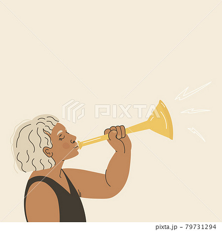 Young woman plays music pipe. Funny isolated illustrations. Stylized wind instruments. 79731294