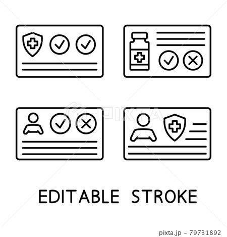 Vaccination certificate against Covid-19 with check mark, vial, shield and medical cross. Passport for travel in time pandemic. Medical record. Health card. Editable stroke. Vector 79731892