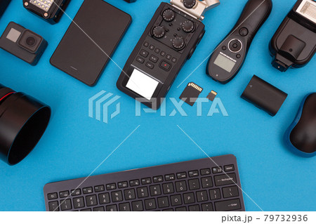 Workplace With Digital Gadgets on Blue Table 79732936
