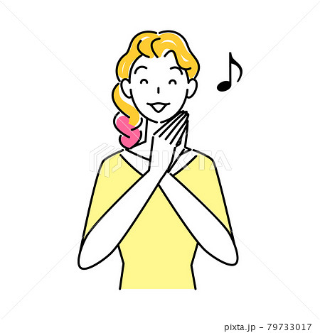 ヘアケア ヘアカラーで毛先をピンク色に染めて喜んでいる笑顔の可愛い女性 イラスト シンプル ベクター 79733017