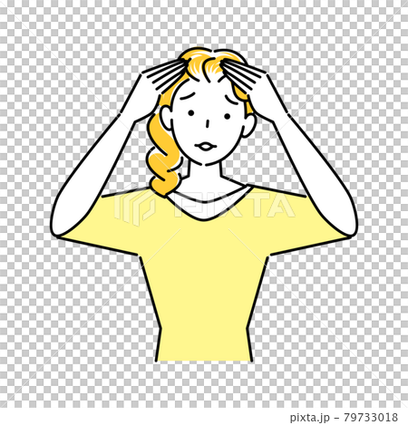 ヘアケア 頭頂部の薄毛と生え際の白髪が目立ってきて困り顔の可愛い女性 イラスト シンプル ベクター 79733018