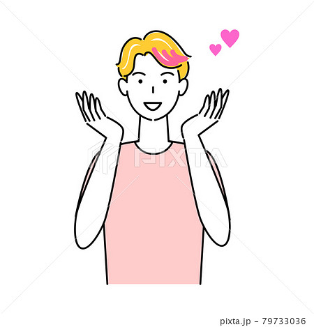 ヘアケア ヘアカラーで毛先をピンク色に染めている笑顔の可愛い男性 イラスト シンプル ベクター 79733036