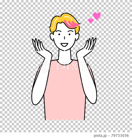 ヘアケア ヘアカラーで毛先をピンク色に染めている笑顔の可愛い男性 イラスト シンプル ベクター 79733036