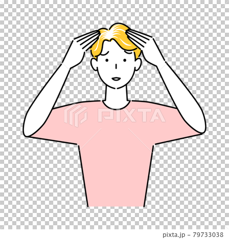 ヘアケア 頭頂部の薄毛と生え際の白髪が目立ってきて困り顔の可愛い男性 イラスト シンプル ベクター 79733038