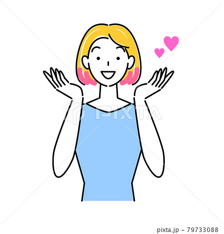 ヘアケア ヘアカラーで毛先をピンク色に染めて喜んでいる笑顔の可愛い女性 イラスト シンプル ベクター 79733088