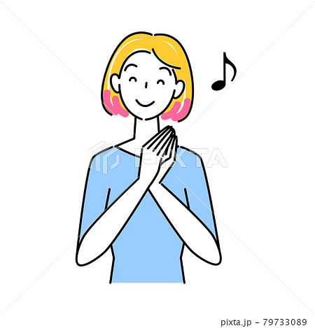 ヘアケア ヘアカラーで毛先をピンク色に染めて喜んでいる笑顔の可愛い女性 イラスト シンプル ベクター 79733089