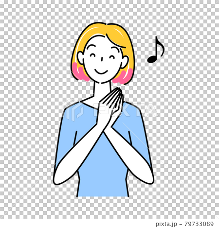 ヘアケア ヘアカラーで毛先をピンク色に染めて喜んでいる笑顔の可愛い女性 イラスト シンプル ベクター 79733089