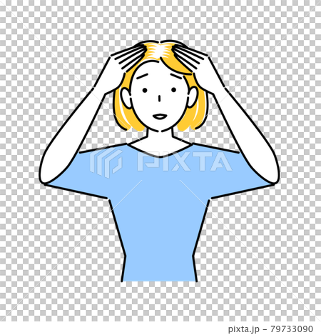 ヘアケア 頭頂部の薄毛と生え際の白髪が目立ってきて困り顔の可愛い女性 イラスト シンプル ベクターのイラスト素材