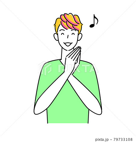 ヘアケア ヘアカラーで毛先をピンク色に染めている笑顔の可愛い男性 イラスト シンプル ベクター 79733108