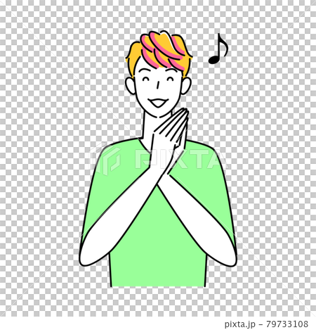 ヘアケア ヘアカラーで毛先をピンク色に染めている笑顔の可愛い男性 イラスト シンプル ベクター 79733108