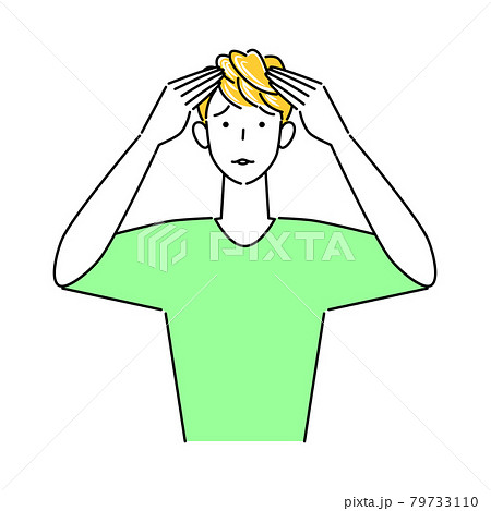 ヘアケア 頭頂部の薄毛と生え際の白髪が目立ってきて困り顔の可愛い男性 イラスト シンプル ベクターのイラスト素材