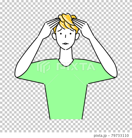 ヘアケア 頭頂部の薄毛と生え際の白髪が目立ってきて困り顔の可愛い男性 イラスト シンプル ベクター 79733110