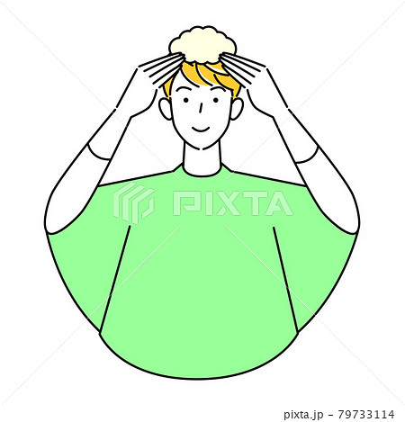 ヘアケア 泡タイプの白髪染めでセルフカラーをしている可愛い男性 イラスト シンプル ベクター 79733114