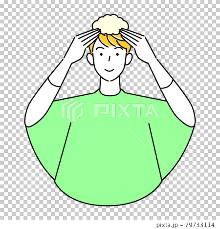 ヘアケア 泡タイプの白髪染めでセルフカラーをしている可愛い男性 イラスト シンプル ベクター 79733114