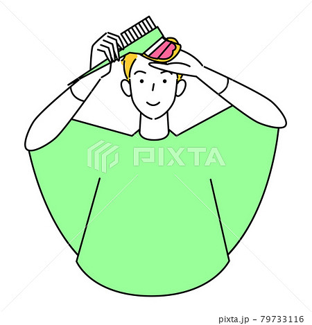 ヘアケア セルフカラー コームで毛先をピンク色に染めている可愛い男性 イラスト シンプル ベクター 79733116