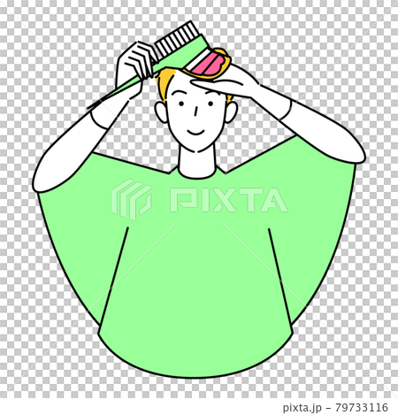 ヘアケア セルフカラー コームで毛先をピンク色に染めている可愛い男性 イラスト シンプル ベクター 79733116