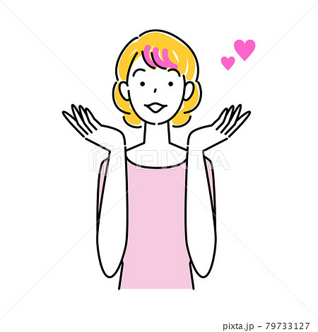 ヘアケア ヘアカラーで毛先をピンク色に染めて喜んでいる笑顔の可愛い女性 イラスト シンプル ベクター 79733127
