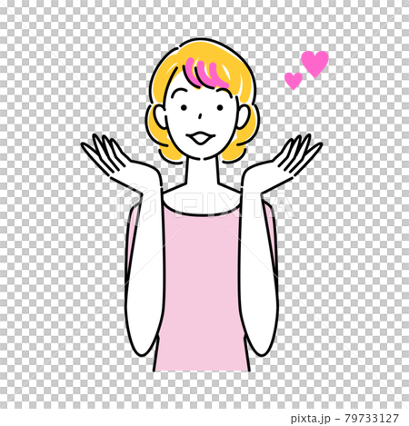 ヘアケア ヘアカラーで毛先をピンク色に染めて喜んでいる笑顔の可愛い女性 イラスト シンプル ベクター 79733127