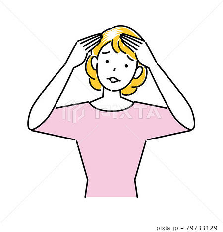 ヘアケア 頭頂部の薄毛と生え際の白髪が目立ってきて困り顔の可愛い女性 イラスト シンプル ベクター 79733129