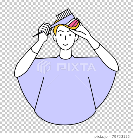 Hair Care A cute male illustration with a self-colored comb dyeing the ends of the hair pink Simple Vector 79733135