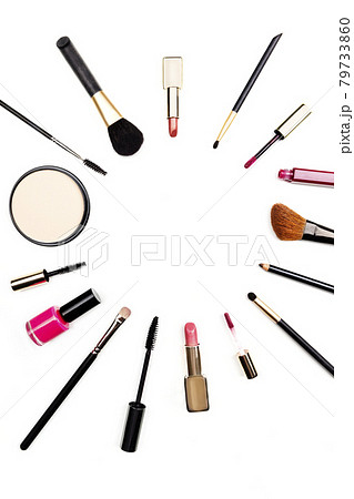 Makeup accessories forming frame with copy space on white Makeup accessories forming frame with copy space on white 79733860