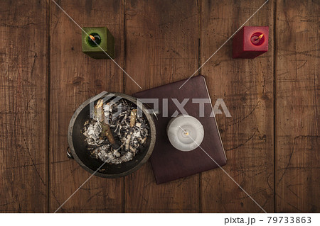 Overhead photo of cauldron, grimoire, candles, and copy space 79733863