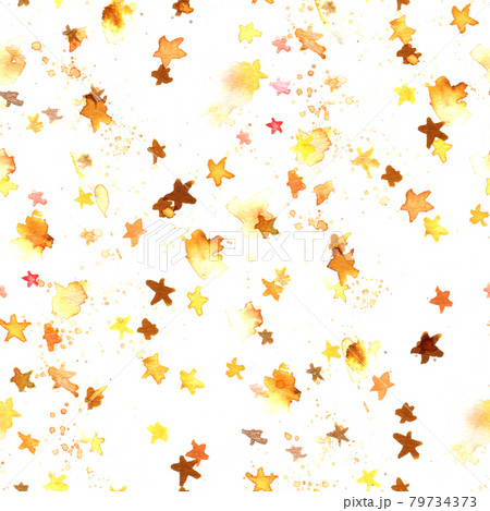 A seamless pattern with golden yellow abstract watercolour stars on a white background 79734373