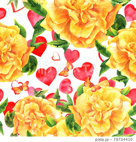 Seamless watercolor yellow rose pattern on white with hearts and butterflies 79734410