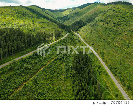 Aerial view of winding road in the forest 79734412