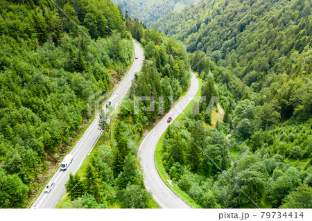 Aerial view of mountain road in the forest with moving cars and trucks.  79734414
