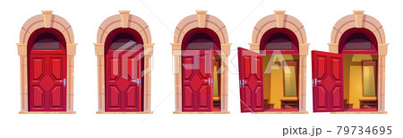 Opening red front door with stone arch Opening red front door with stone arch 79734695