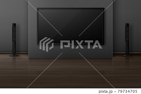 Tv set with dynamics in living room interior. 79734705