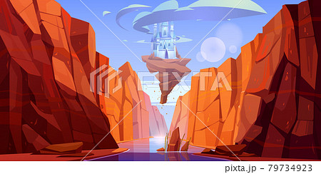 Magic blue castle flying above river in canyon Magic blue castle flying above river in canyon 79734923
