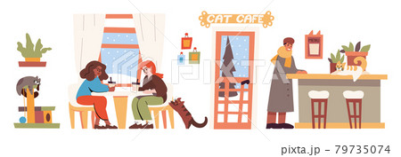 Cat cafe interior with people and pets 79735074