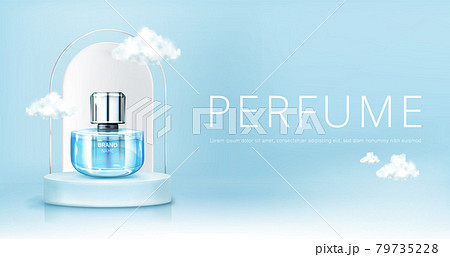 Perfume spray bottle on podium with clouds banner 79735228
