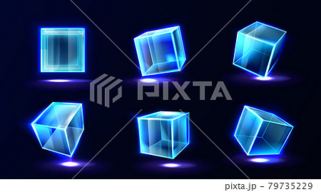 Plastic or glass cubes glowing with neon light set Plastic or glass cubes glowing with neon light set 79735229