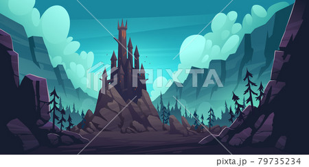 Creepy castle on rock at night, haunted palace 79735234